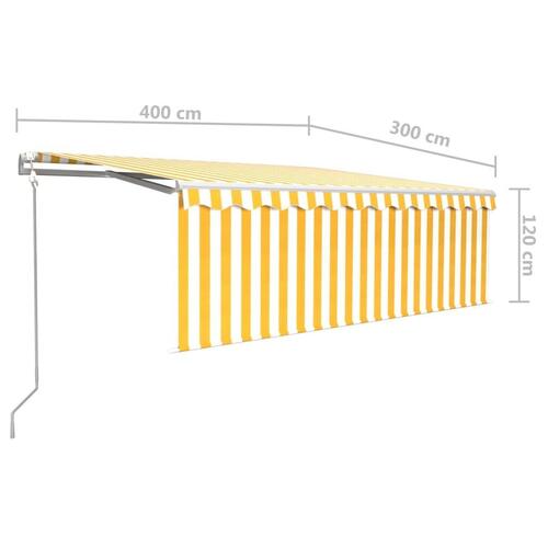 Markise m. gardin+LED+vindsensor 4x3 m automatisk gul og hvid