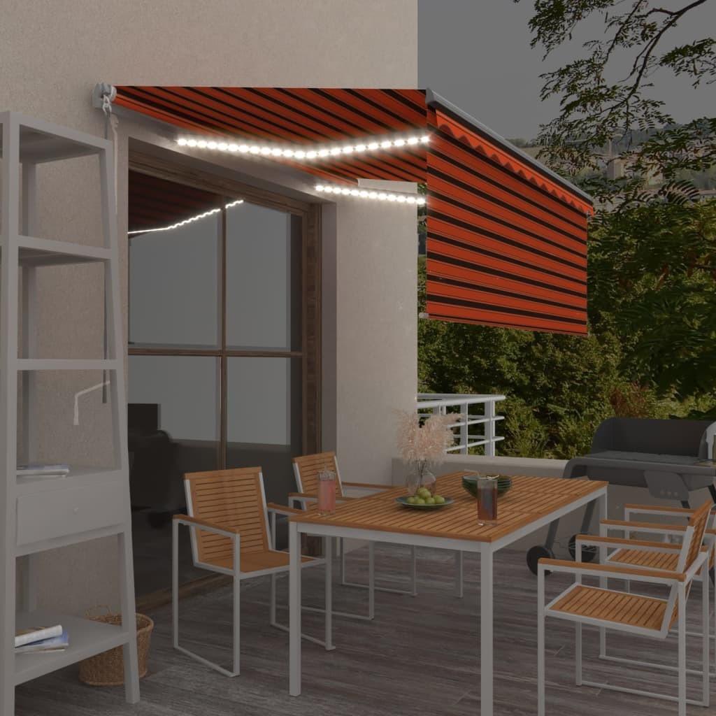 Markise m. gardin + LED 3x2,5 m manuel betjening orange og brun