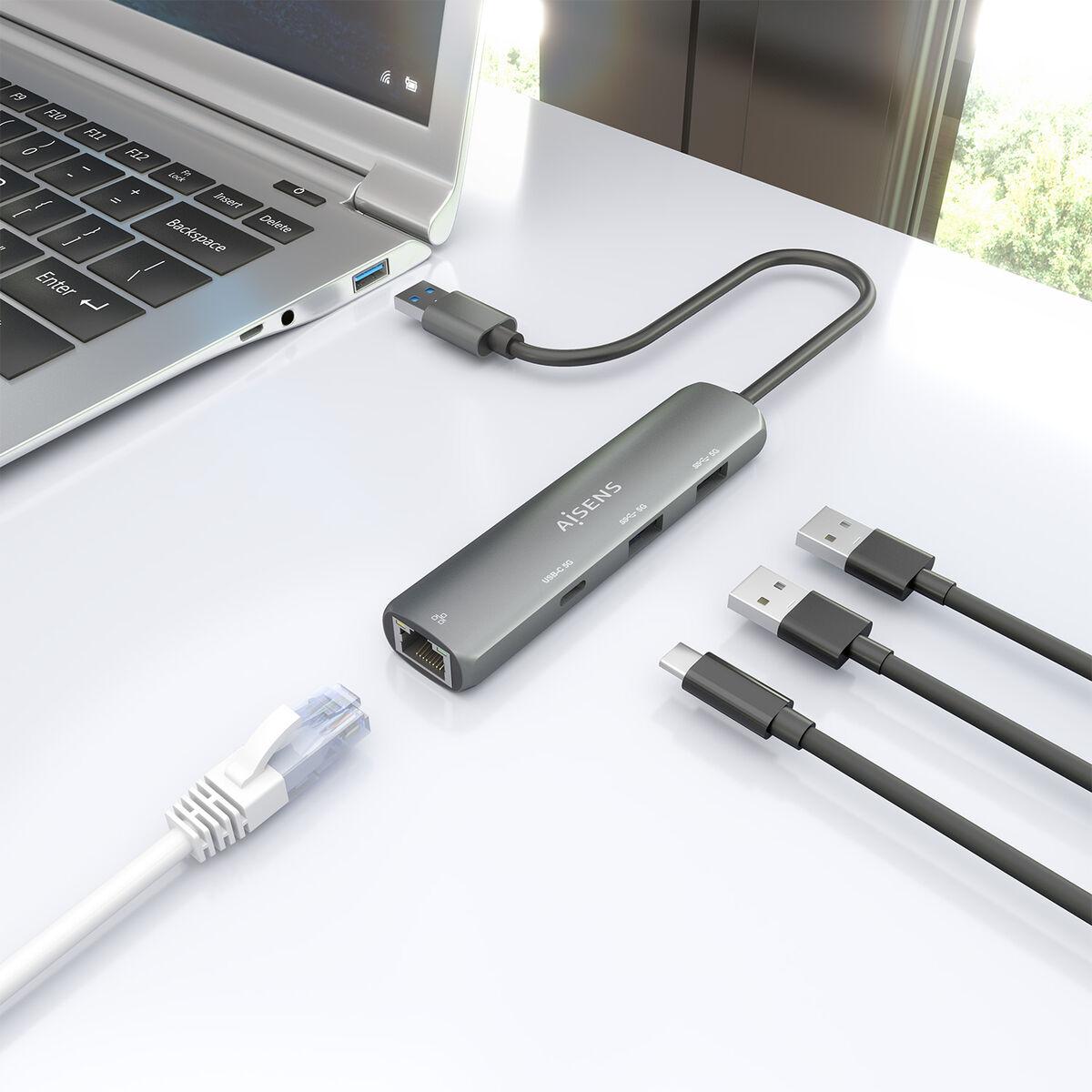 Aisens ASUC-4P035-GR USB hub - grå, Ethernet og USB-C/USB-A billede