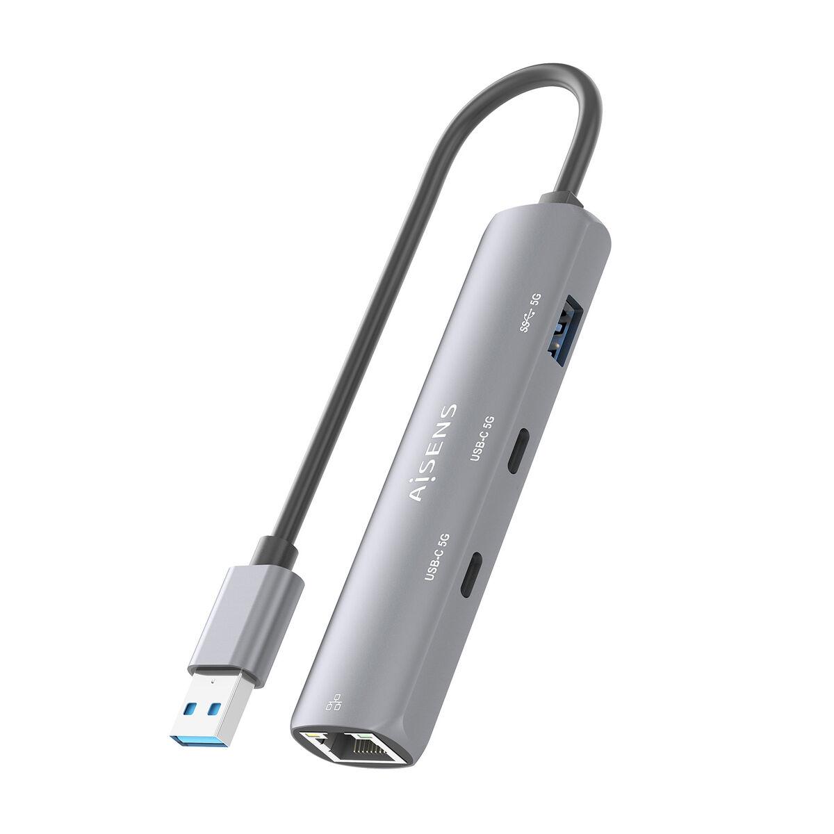 Aisens ASUC-4P036-GR USB hub - grå med Ethernet og USB-C billede