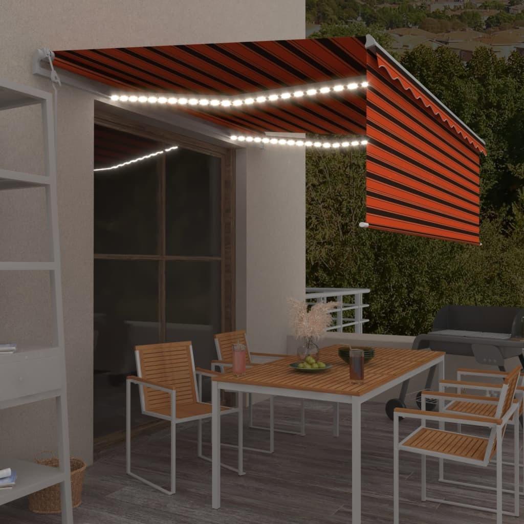 Markise m. gardin+LED+vindsensor 4x3 m automatisk orange/brun