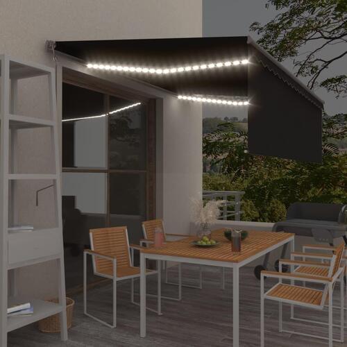 Markise m. gardin+LED+vindsensor 4x3 m automatisk antracitgrå