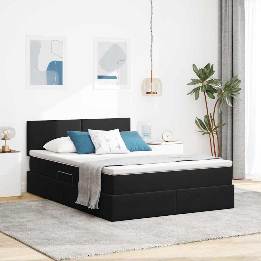 Seng med opbevaring og LED med madras Sort 140 x 190 cm Fløjl billede