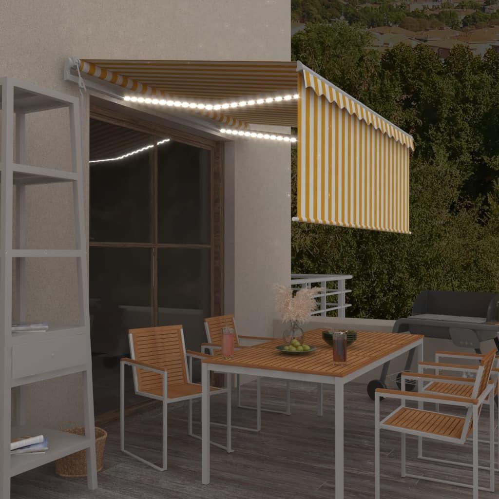 Markise m. gardin+LED+vindsensor 3x2,5 m automatisk gul og hvid