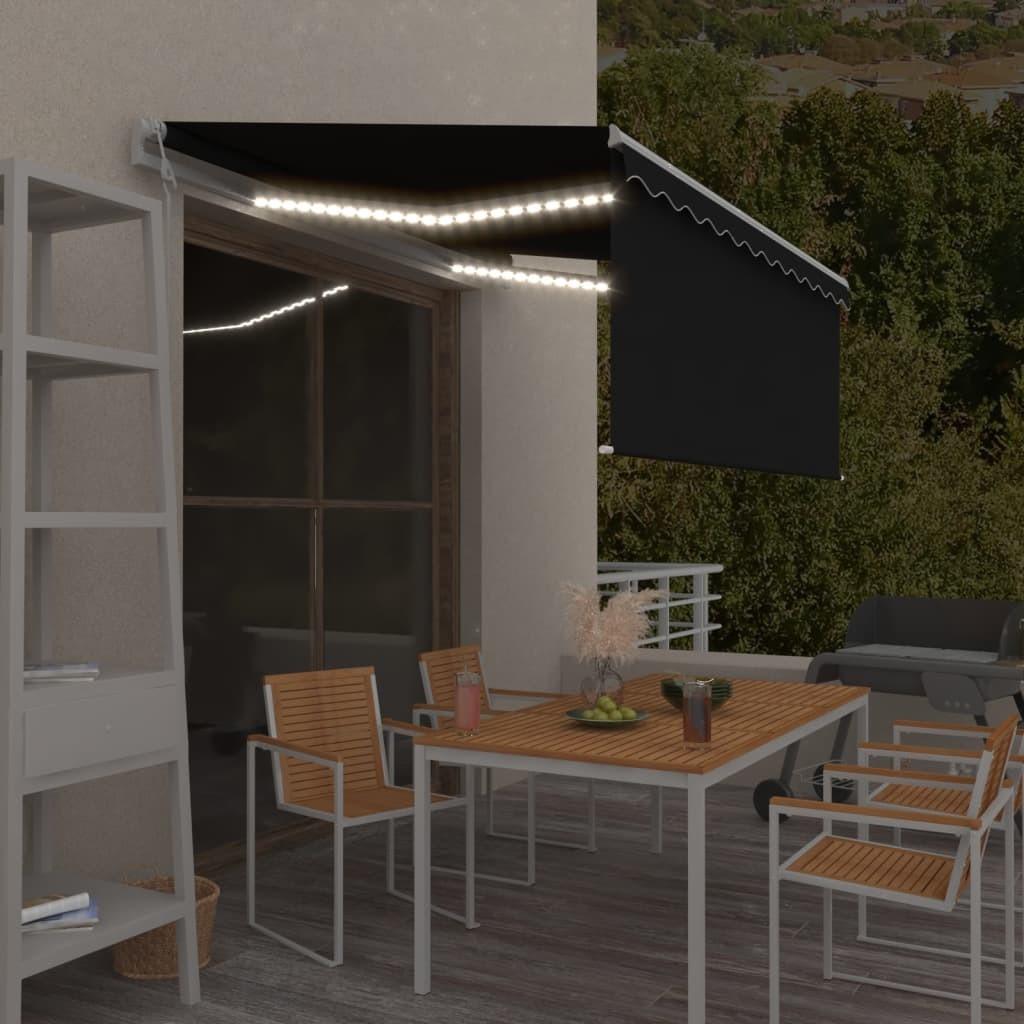 Markise m. gardin+LED+vindsensor 3x2,5 m automatisk antracitgrå