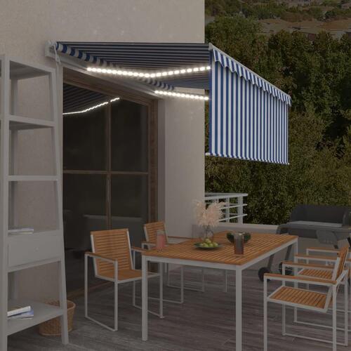 Markise m. gardin+LED+vindsensor 3,5x2,5 m auto blå og hvid