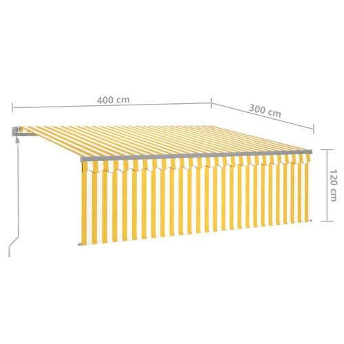 Markise m. gardin+LED+vindsensor 4x3 m automatisk gul og hvid