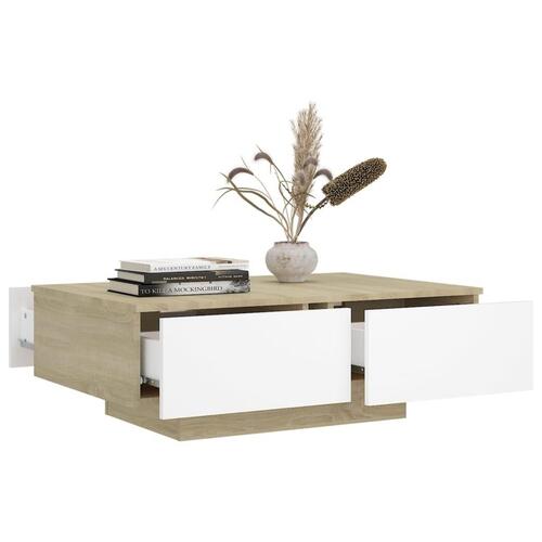Sofabord 90x60x31 cm konstrueret træ hvid og sonoma-eg