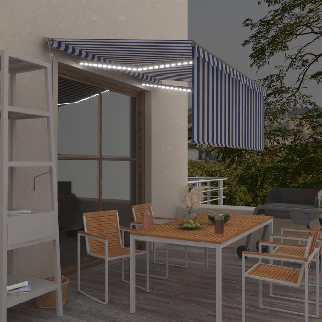 Markise m. gardin+LED+vindsensor 3,5x2,5 m auto blå og hvid