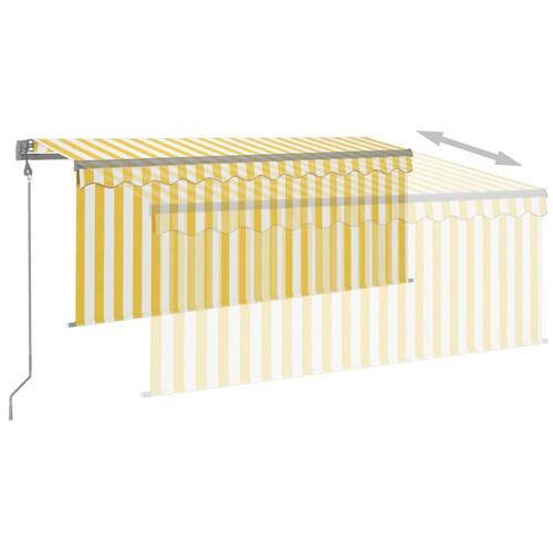Markise m. gardin+LED+vindsensor 3,5x2,5 m auto gul og hvid