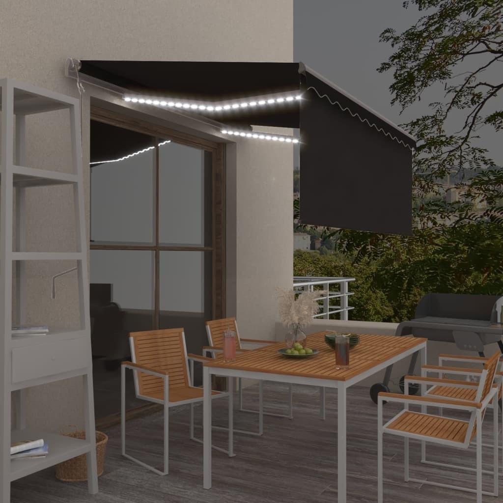 Markise m. gardin+LED+vindsensor 3,5x2,5 m auto antracitgrå