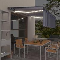 Markise m. gardin+LED+vindsensor 4,5x3 m automatisk blå og hvid