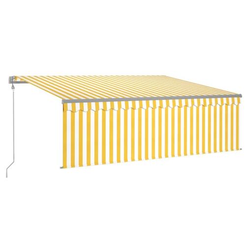 Markise m. gardin+LED+vindsensor 4,5x3 m automatisk gul og hvid