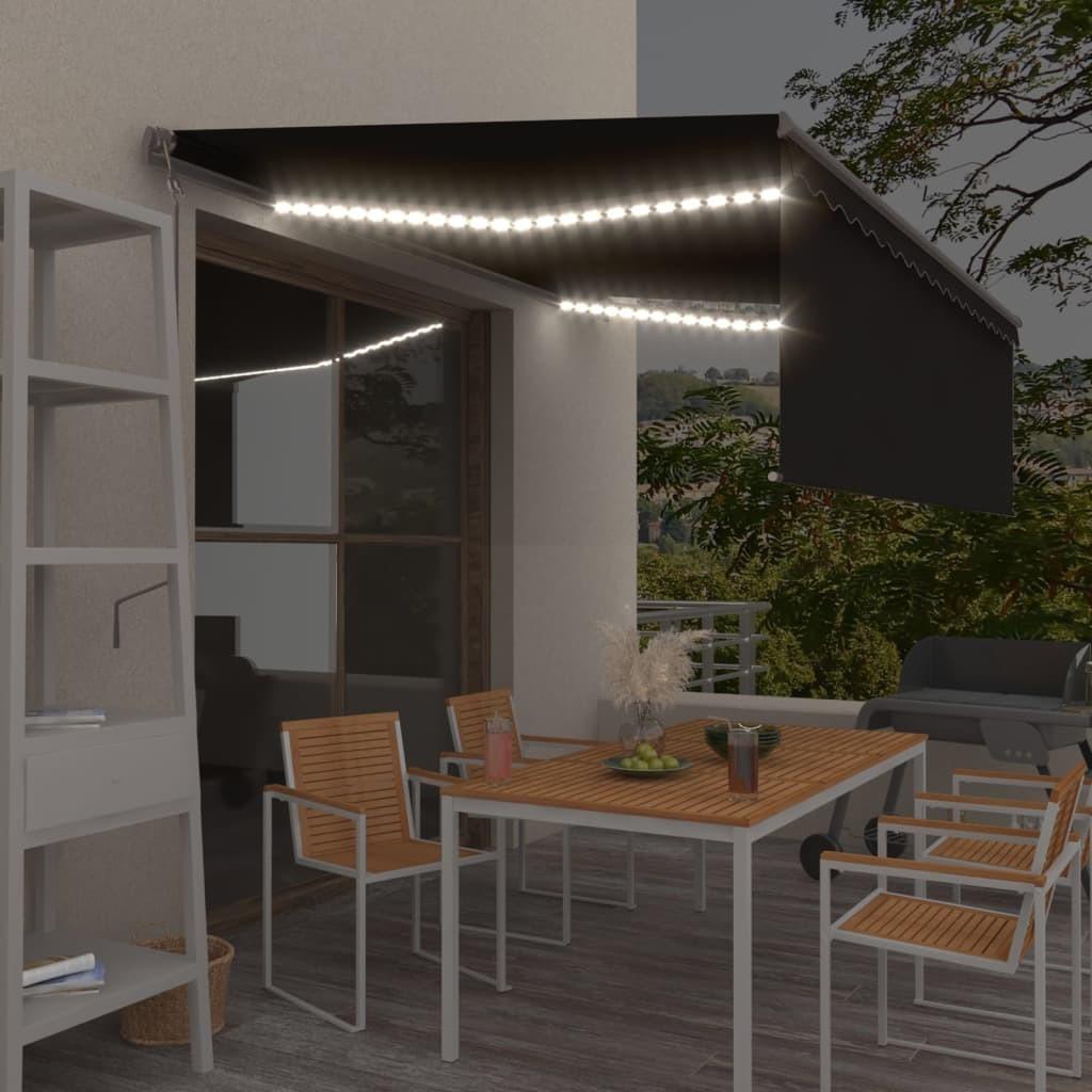Markise m. gardin+LED+vindsensor 4,5x3 m automatisk antracitgrå