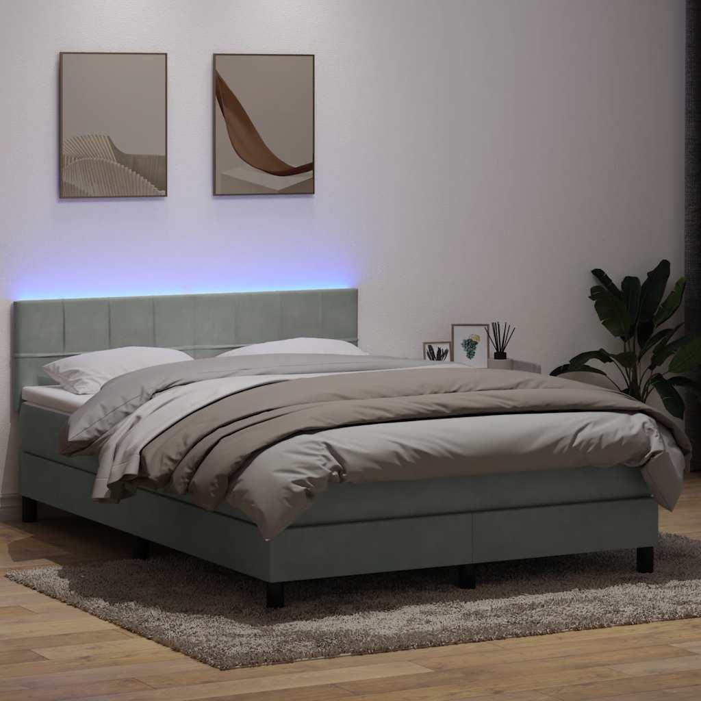 Kontinentalseng med madras og LED-lys 160x220 cm fløjl lysegrå billede