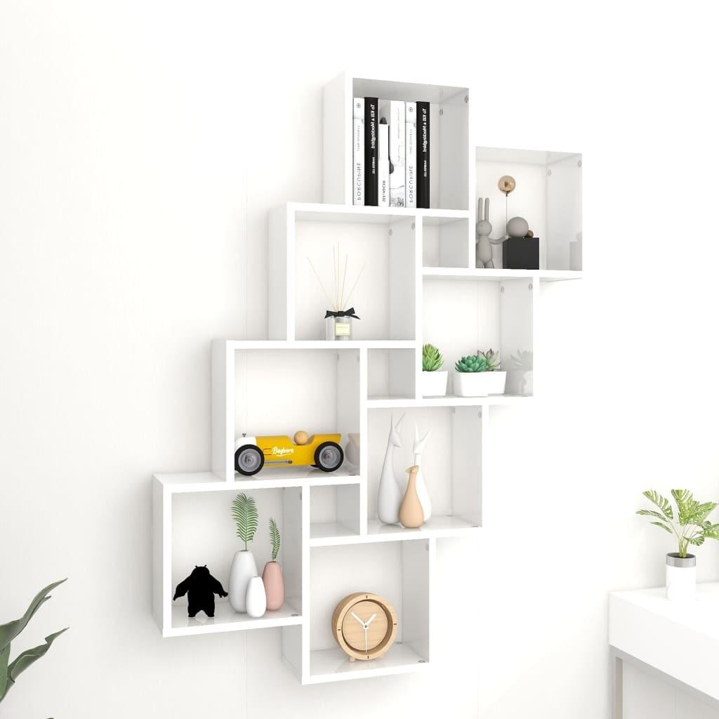 Væghylde 90x15x119 cm kubeformet konstrueret træ hvid højglans
