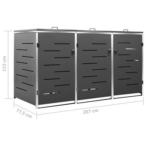 Tredobbelt skraldespandsskjuler 207x77,5x112,5 cm rustfrit stål
