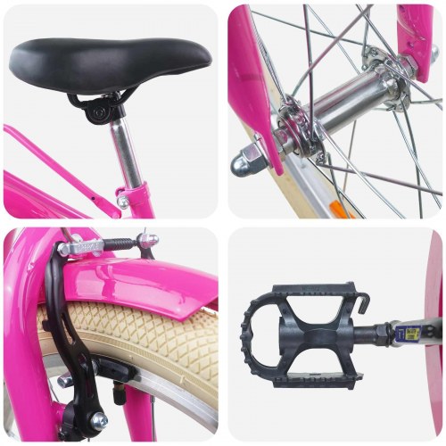 Børnecykel 24" til 8-12 år - mørk pink, stålramme og kurv