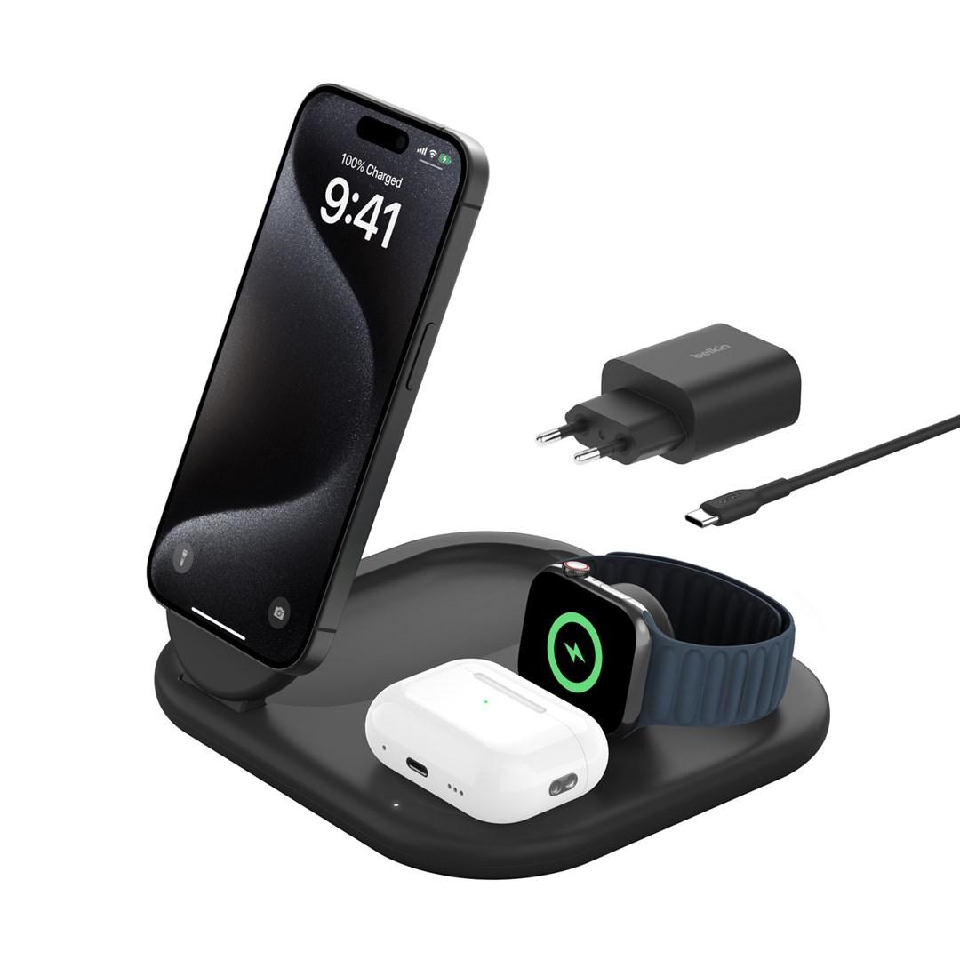 Belkin BoostCharge 3-i-1 trådløs oplader - hurtig opladning til smartphone, smartwatch og hovedtelefoner - sort