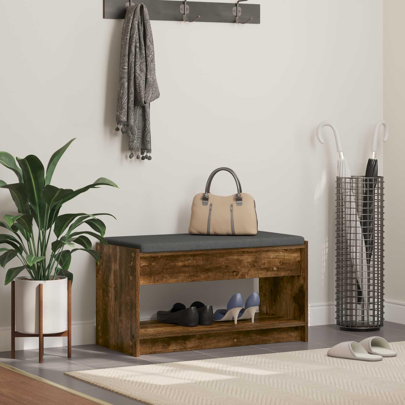 Hallbænk med pude Røget Eg 83 x 38 x 45 cm Kunstigt træ og stof billede