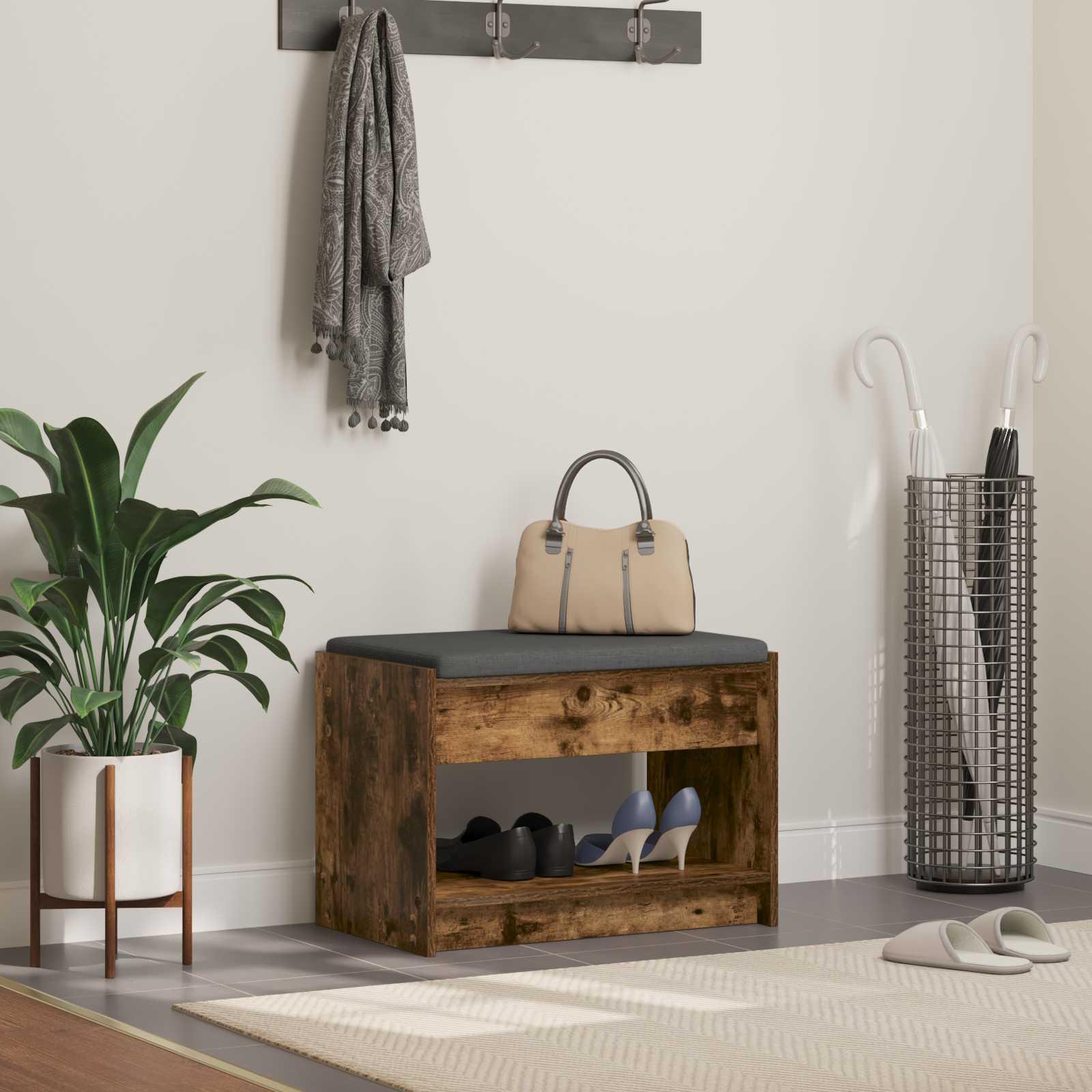 Hallbænk med pude Røget Eg 63 x 38 x 45 cm Kunstigt træ og stof billede