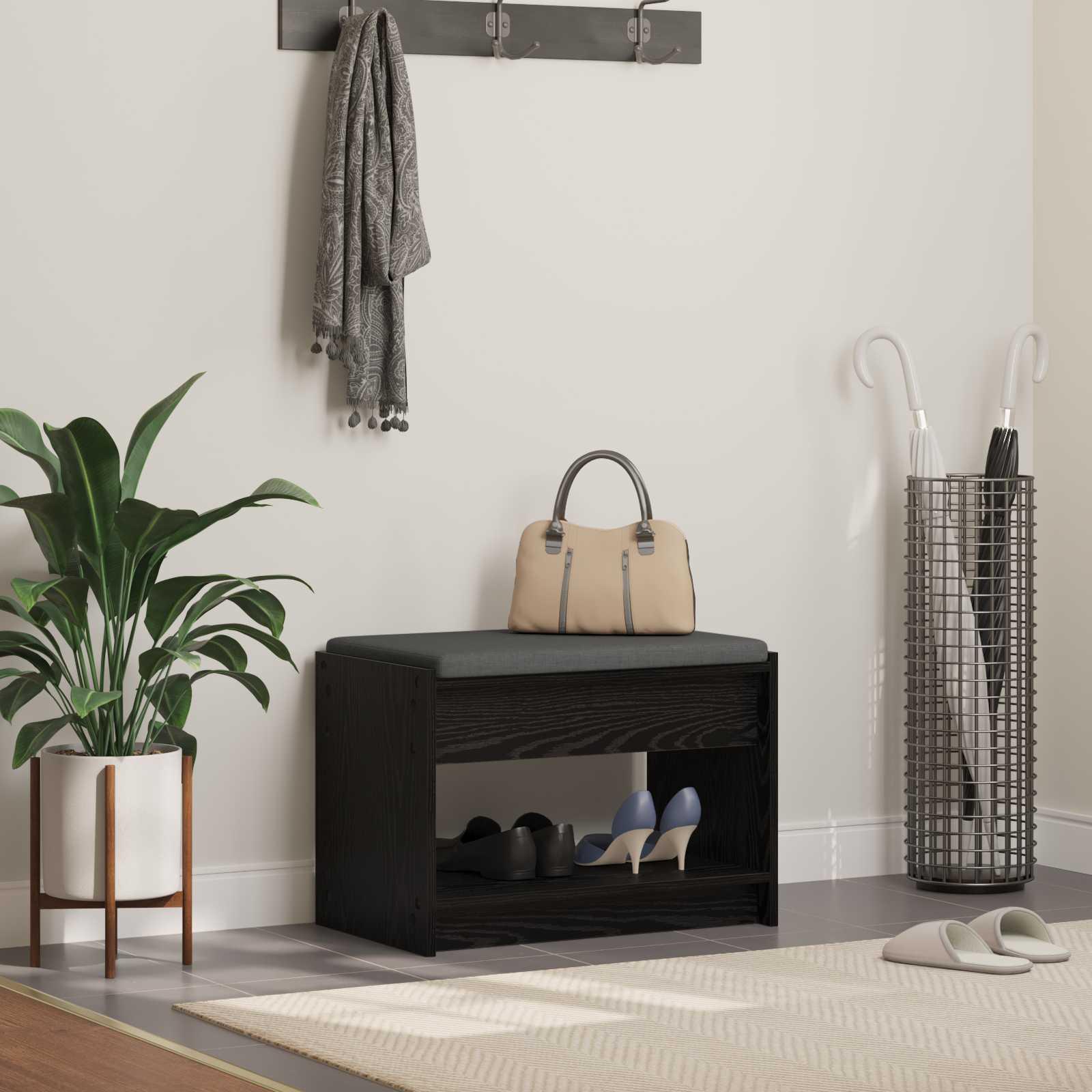 Hallbænk med pude Sort Eg 63 x 38 x 45 cm Kunstigt træ og stof billede