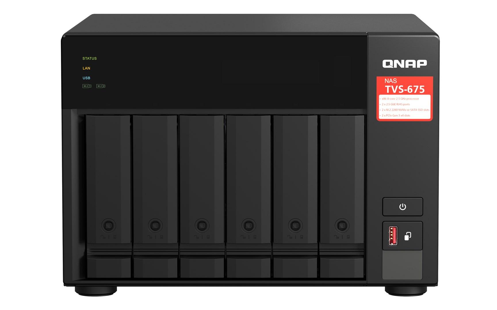 QNAP TVS-675 NAS-tower - 6-bays, ZhaoXin 8-core, 8 GB DDR4, QuTS hero (sort) billede