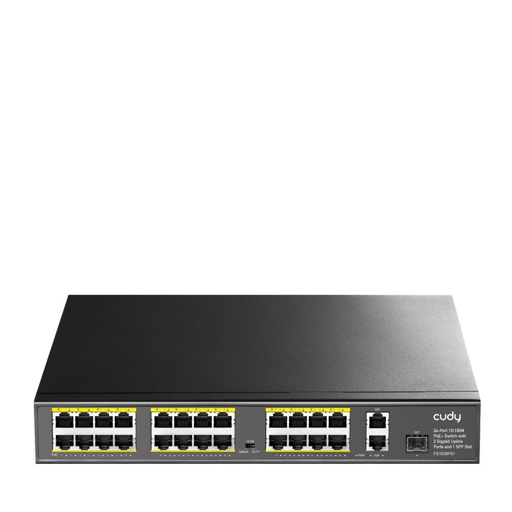 Cudy FS1026PS1 – 24‑ports PoE netværksswitch, 2× Gigabit uplink + 1× SFP, unmanaged – Sort billede