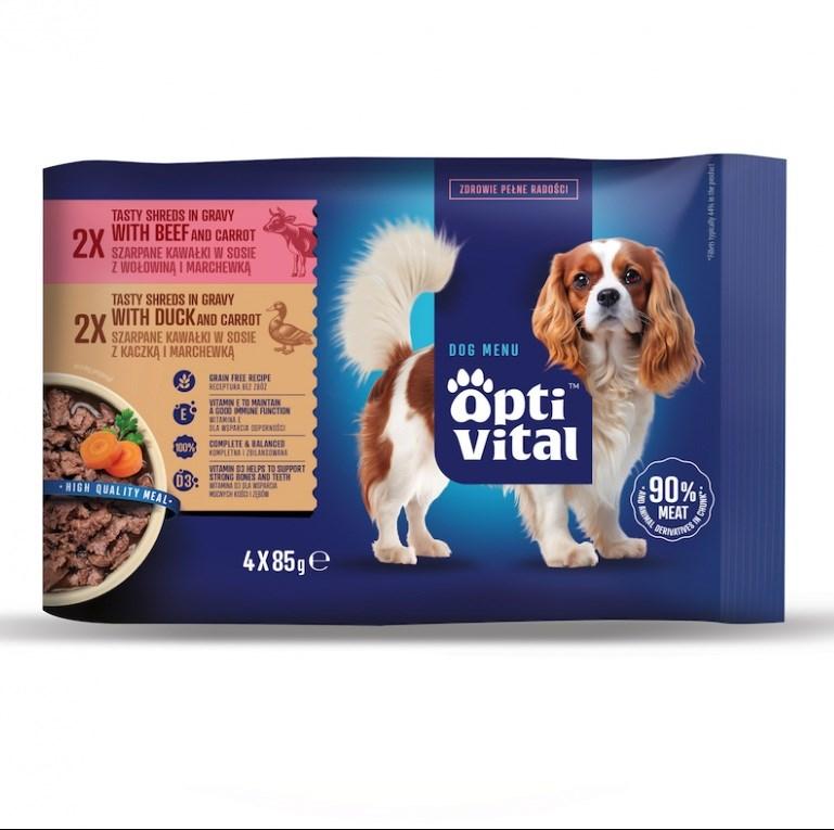 OptiVital velsmagende strimler med okse og and i sovs – vådfoder til hund – 4×85 g billede