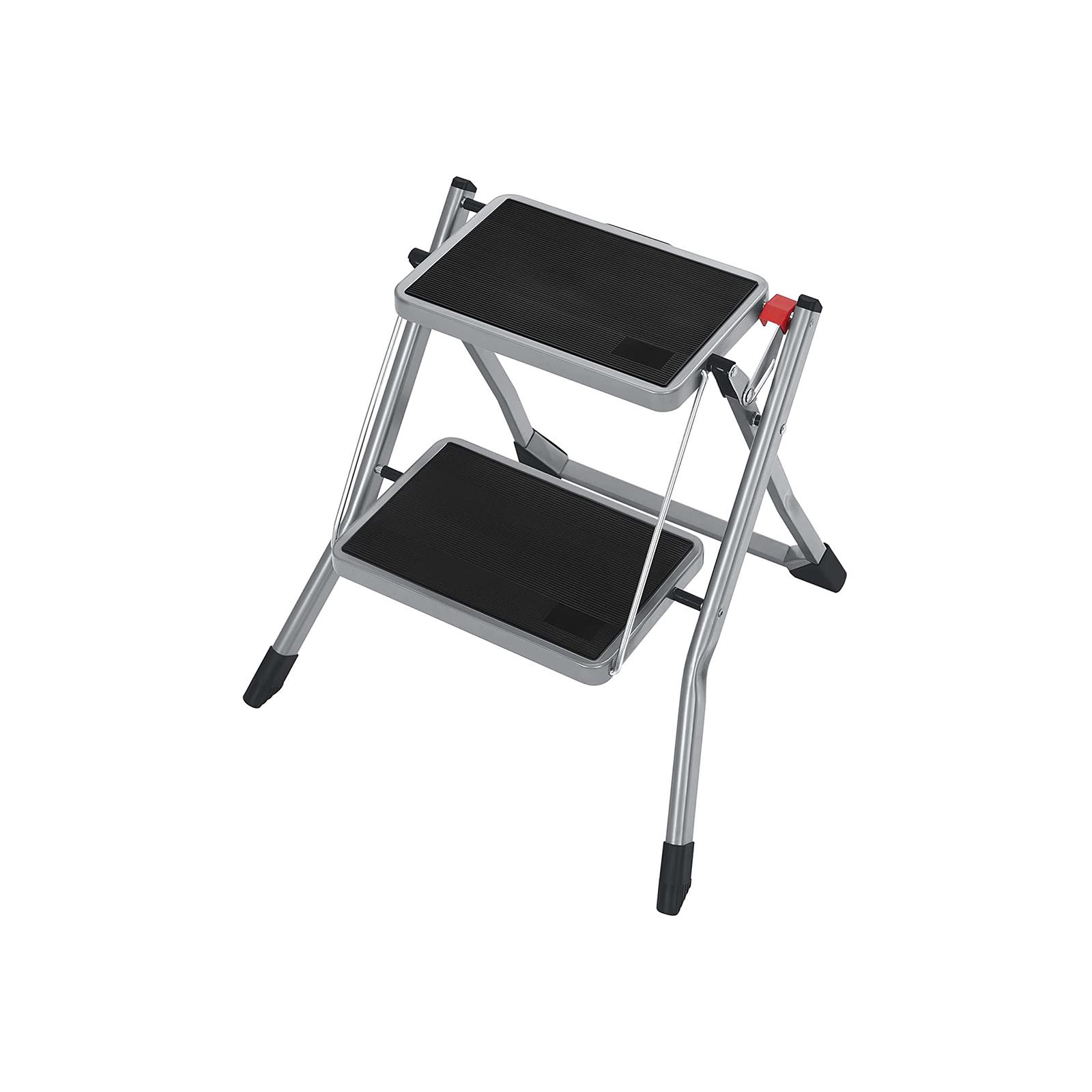 Foldbar 2-trin stige med håndtag - stål, 20 cm skridsikre trin, grå/sort, 150 kg
