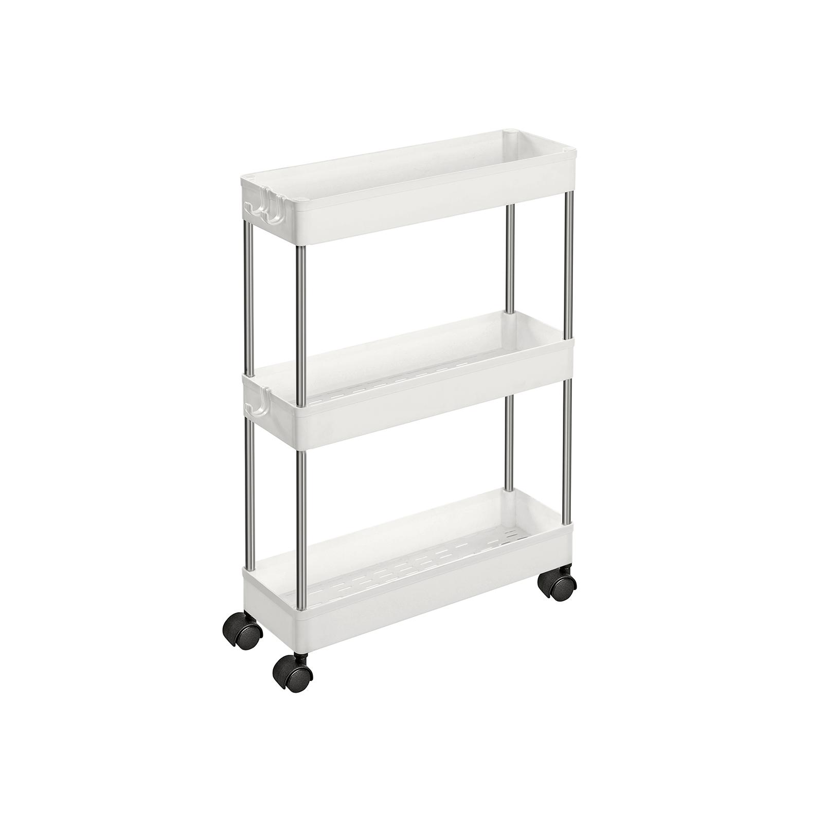 Smalt rullebord med 3 hylder - opbevaringsvogn på hjul, 42 × 13,5 × 61 cm, hvid