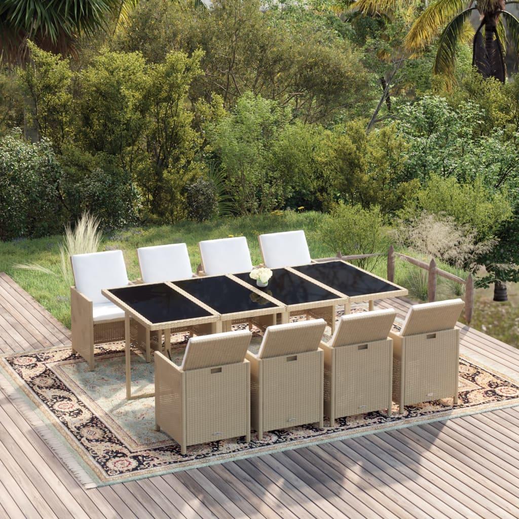 Spisebordssæt til haven 9 dele med hynder polyrattan beige billede