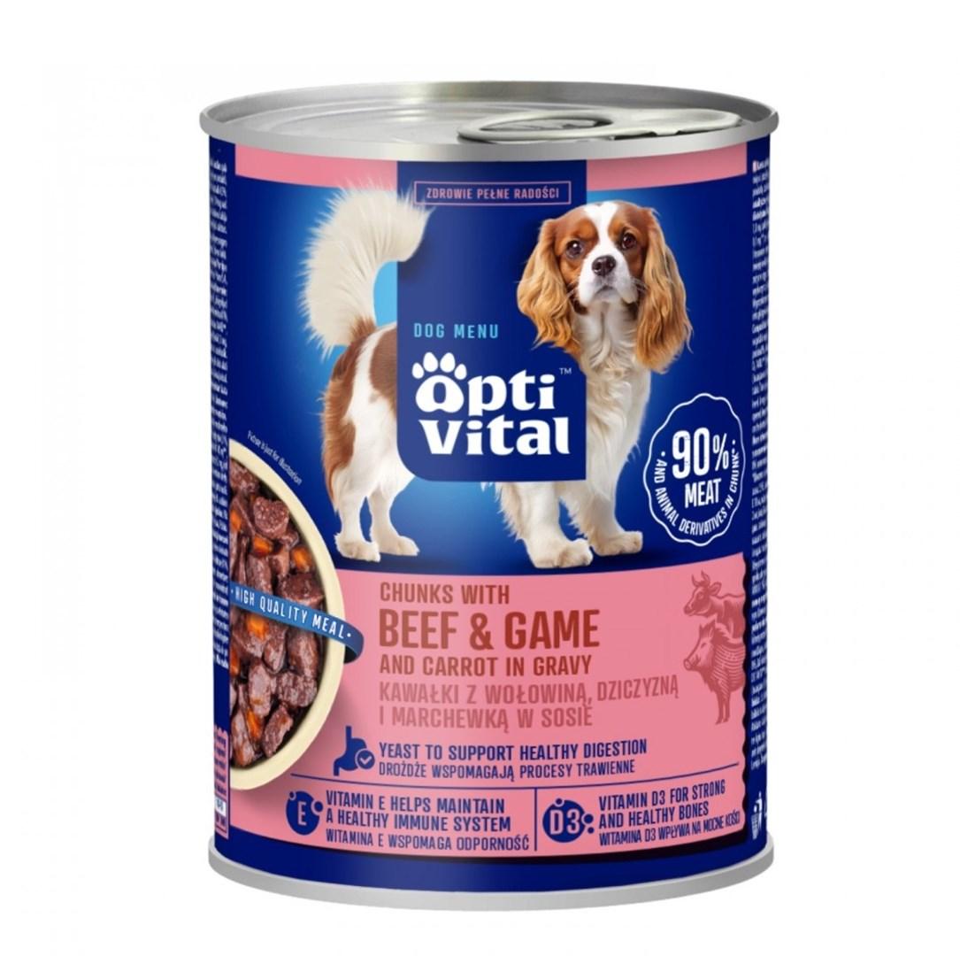 OptiVital vådfoder til hund – bidder med oksekød, vildt og gulerod i sauce, 415 g billede