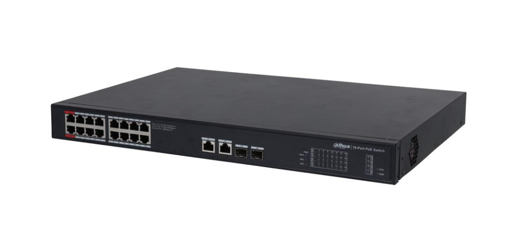 Dahua DH-PFS3220-16GT-190 PoE switch - 16x PoE, 18x Gigabit RJ-45, 2x SFP, unmanaged L2, 1U - sort billede