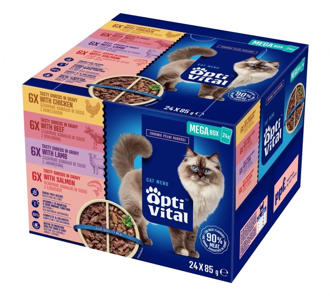 OptiVital vådfoder til kat – kylling, okse, lam, laks – 24×85 g billede