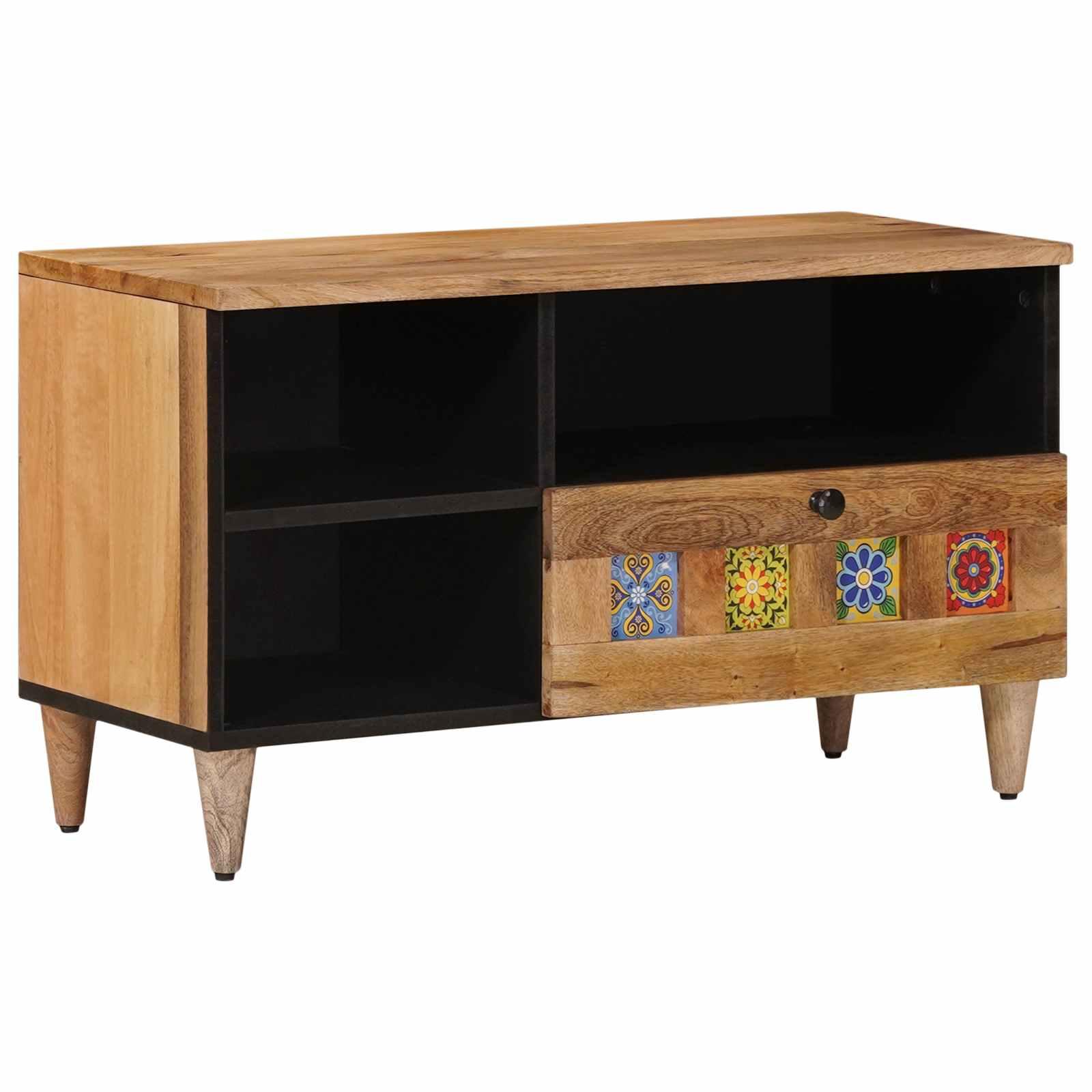 TV-bord med skuffe i massivt mangotræ - natur, 80 × 33 × 46 cm billede