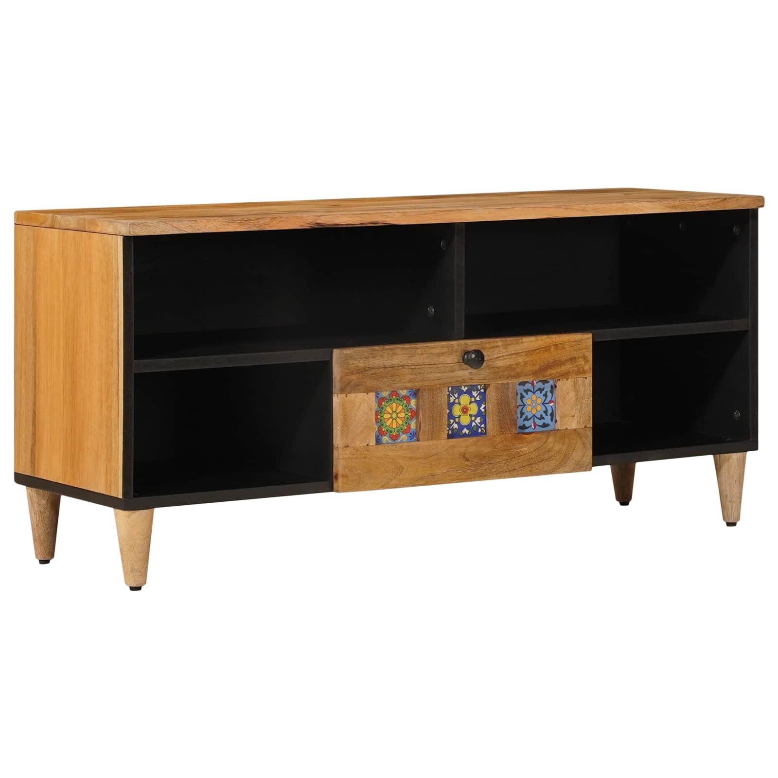 TV-skab med hylde i massivt mangotræ - natur, 100 × 33 × 46 cm billede