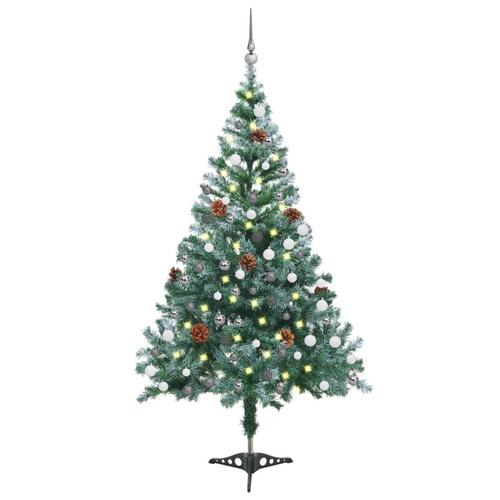 Juletræ med sne + lys + julekugler og grankogler 150 cm