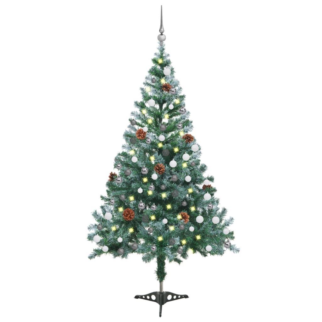 Juletræ med sne + lys + julekugler og grankogler 150 cm