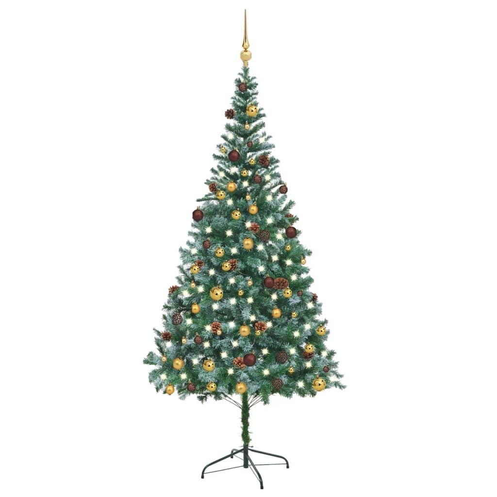 Juletræ med sne + lys + julekugler og grankogler 210 cm