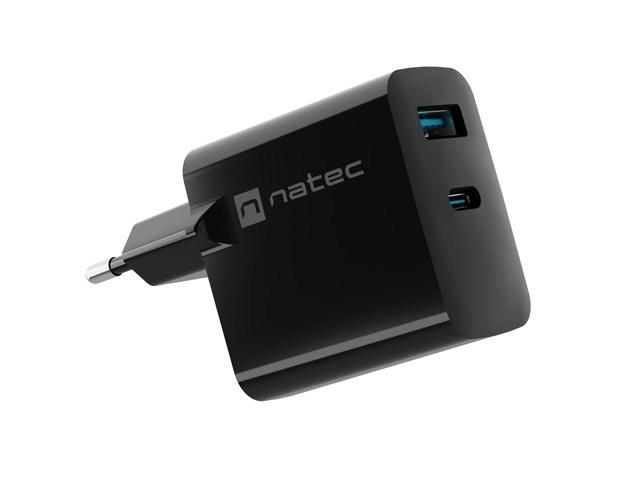 Natec Ribera GaN vægoplader 45 W - 1x USB-A + 1x USB-C, sort billede