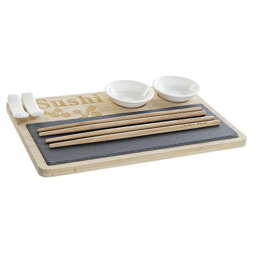 Sushi-sæt med bambusbræt - hvid/sort/natur, 9 dele, 28,5 × 18,5 × 2,6 cm
