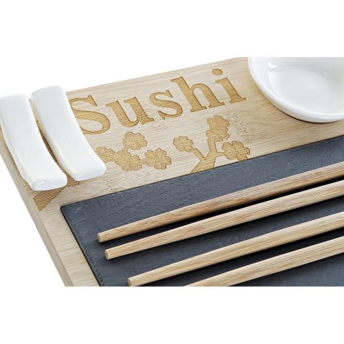 Sushi-sæt med bambusbræt - hvid/sort/natur, 9 dele, 28,5 × 18,5 × 2,6 cm