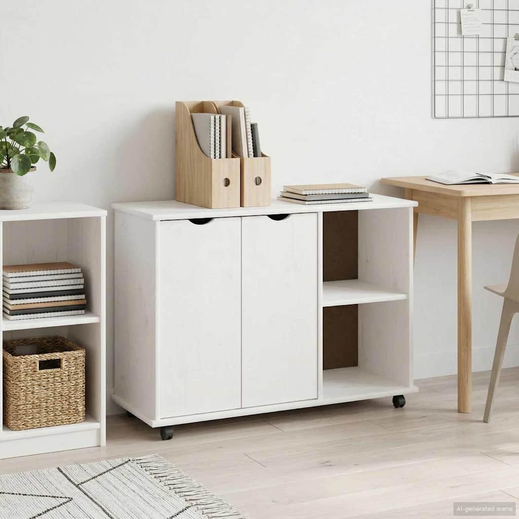 Rullende skab med hjul Hvid 100 x 39 x 65,5 cm Massivt fyrretræ billede