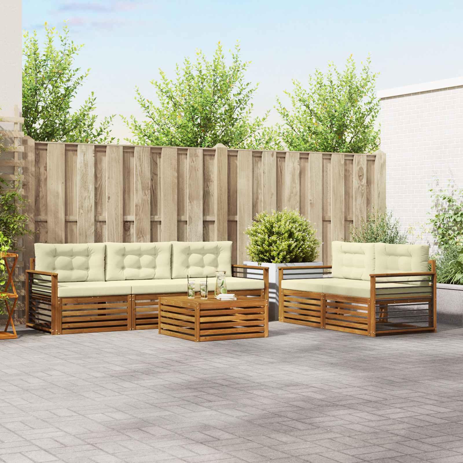 Udendørs sofagruppe i akacietræ med puder - 6 dele, naturlig/fløde