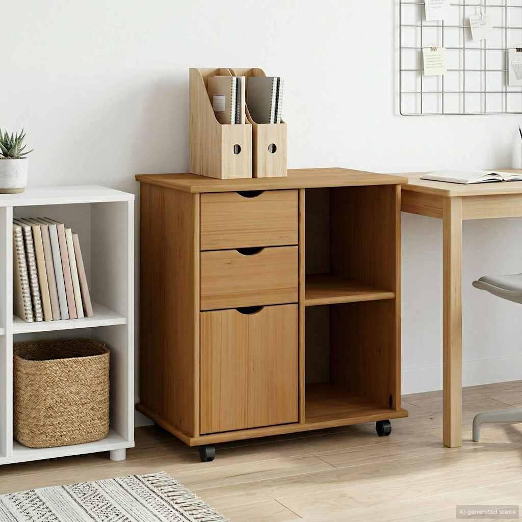 Rullende skab Honningbrun 63,5 x 39 x 65,5 cm Massivt fyrretræ billede