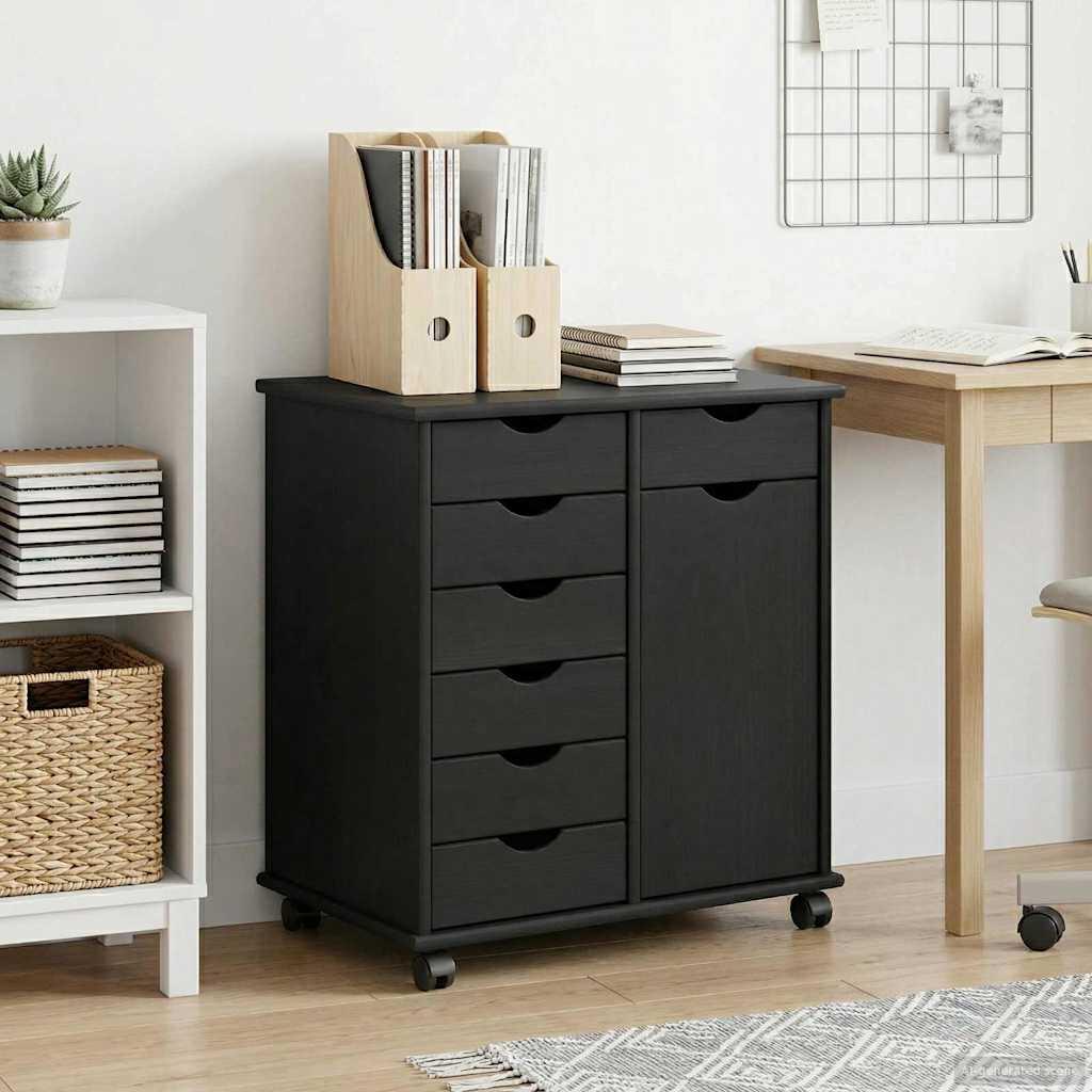 Rullende skab Sort 63,5 x 39 x 65,5 cm Massivt fyrretræ billede