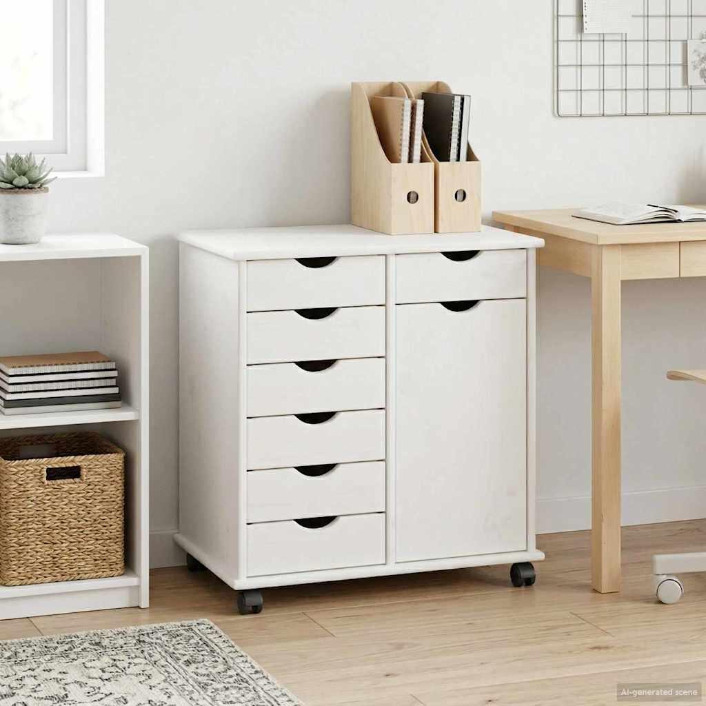 Rullende skab Hvid 63,5 x 39 x 65,5 cm Massivt fyrretræ billede