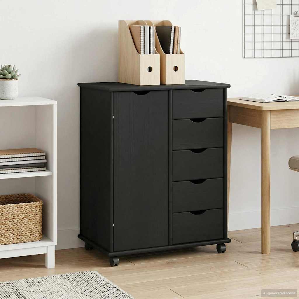 Rullende skab med hjul Sort 63,5 x 39 x 79 cm Massivt fyrretræ billede