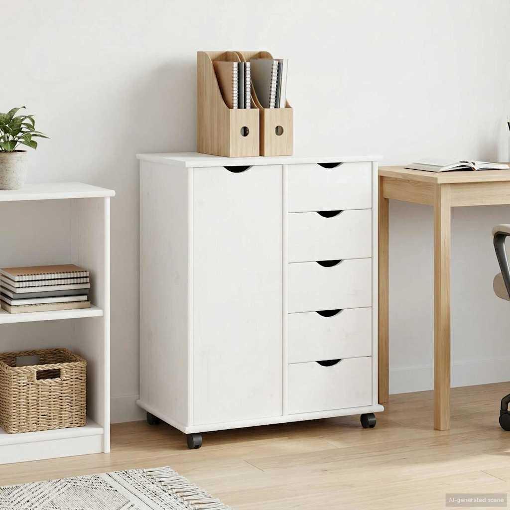 Rullende skab med hjul Hvid 63,5 x 39 x 79 cm Massivt fyrretræ billede